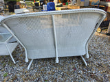 A-Lloyd Loom White Wicker Glider Loveseat, Chair and Table Set w/Sunbrella Cushions