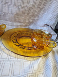 8 Piece Amber Glass King's Crown Thumbprint Luncheon Plate and Cup Set