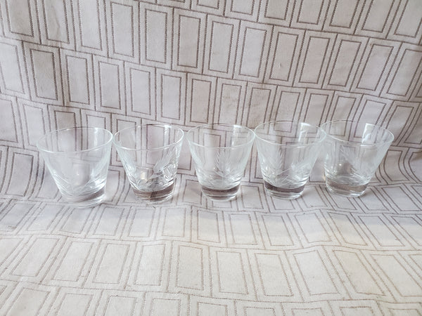Set of 5 Etched Glass Old Fashioned Whiskey Glasses