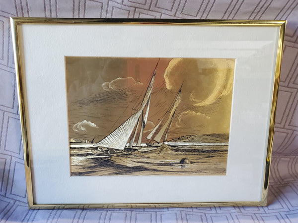 Framed Gold Foil Ship Art