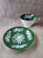 Aynsley Fine Bone China Dark Green and White Rose Teacup and Saucer Set