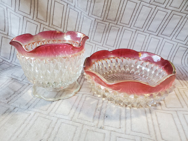 Pair of Clear and Ruby Glass Rimmed Candy Dishes