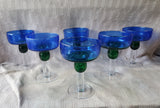Set of 6 Hand Blown Blue and Green Margarita Glasses