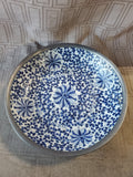 Vintage Asian Inspired Blue and White Porcelain Plate with Pewter Rim