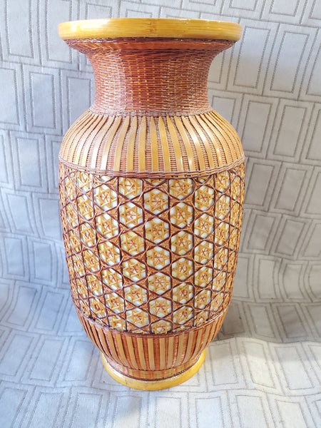 Vintage Asian Inspired Woven Bamboo Covered Porcelain Vase