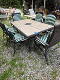 Hampton Bay Rectangular Bronze Tone Patio Table w/Six All-Weather Wicker Chairs and Green Striped Sunbrella Cushions