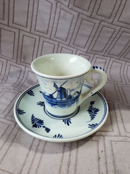 Vintage Delft Blauw Windmill Demitasse and Saucer Set