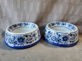 Pair of Blue and White Floral Ceramic Pet Bowls