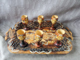 7 Piece Hand Carved Wooden Folk Art Cordial Cup and Serving Tray Set
