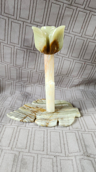 Carved Stone Flower Tapered Candle Holder