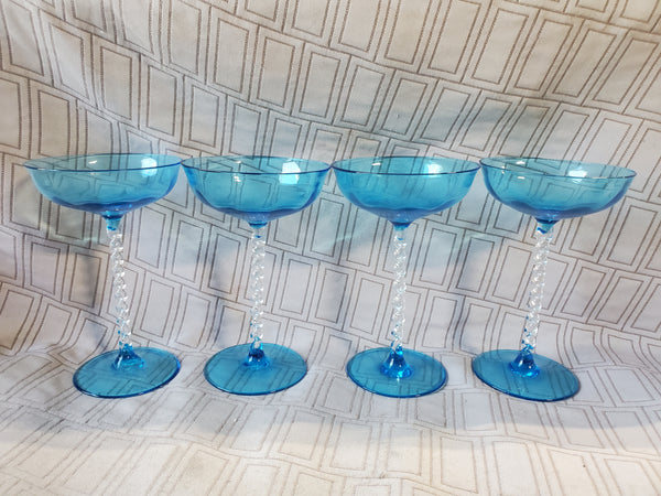(A) Set of 4 Blue and Clear Glass Twisted Stem Champagne Coupes