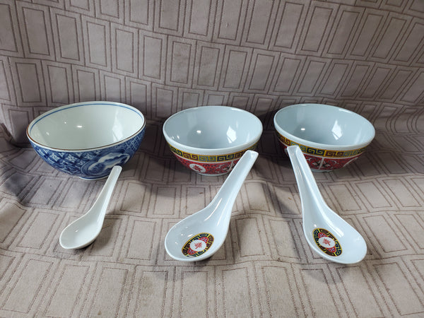 Lot of Assorted Asian Inspired Rice Bowls with Spoons