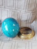 Blue Carved Stone Egg Paperweight with Display Base