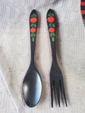 Sherwood Forest Design Hand Painted Wooden Tomato Salad Bowl with Serving Utensil Set