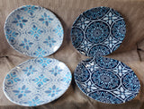Lot of 4 Modern Southern Home Melamine Blue Geometric Pattern Dinner Plates
