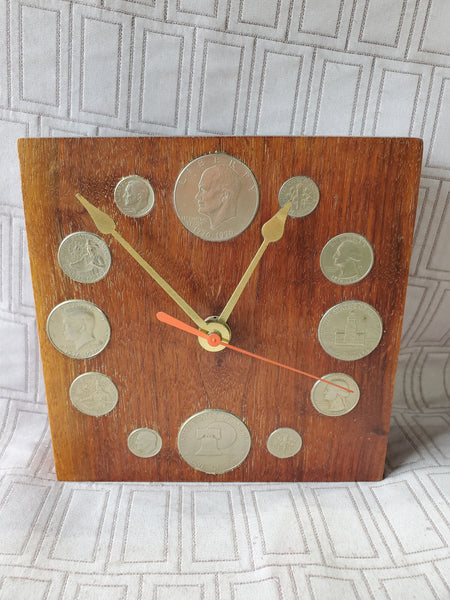 Wood Block Silver Coin Clock WORKS