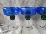 Set of 6 Hand Blown Blue and Green Margarita Glasses