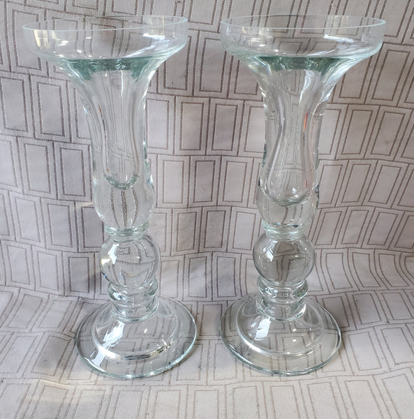 Pair of Heavy Clear Glass Candlestick Holder