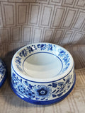 Pair of Blue and White Floral Ceramic Pet Bowls