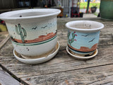 Duo of Glazed and Painted Pottery Planters w/Fixed Saucers