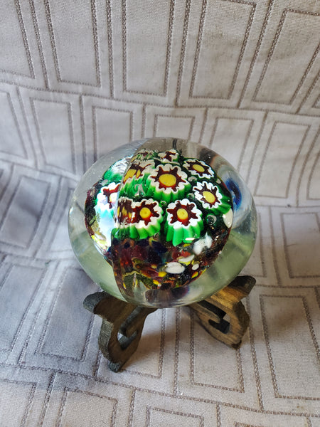 Clear Glass and Millefiori Flower Paperweight