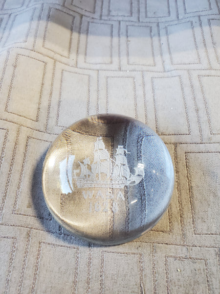 Domed Etched Ship Clear Glass Paperweight