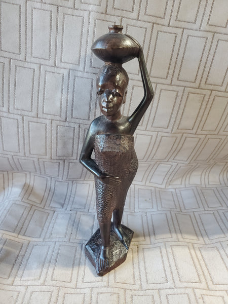 (C) Hand Carved Ebony Wood African Folk Art Statue