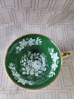 Aynsley Fine Bone China Dark Green and White Rose Teacup and Saucer Set