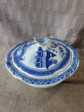 Asian Inspired Blue and White Porcelain Covered Butterfly Handle Serving Dish