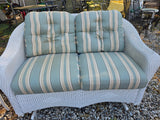 B-Lloyd Loom White Wicker Glider Loveseat, Swivel Chair and Table Set w/Sunbrella Cushions