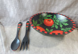 Sherwood Forest Design Hand Painted Wooden Tomato Salad Bowl with Serving Utensil Set