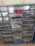 Two Blue Garage Storage Boxes w/Small Plastic Drawers - Filled w/Random Hardware