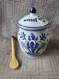 Hand Painted Ceramic Blue and White Dijon Mustard Jar with Spreader