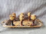 7 Piece Hand Carved Wooden Folk Art Cordial Cup and Serving Tray Set