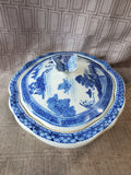 Asian Inspired Blue and White Porcelain Covered Butterfly Handle Serving Dish