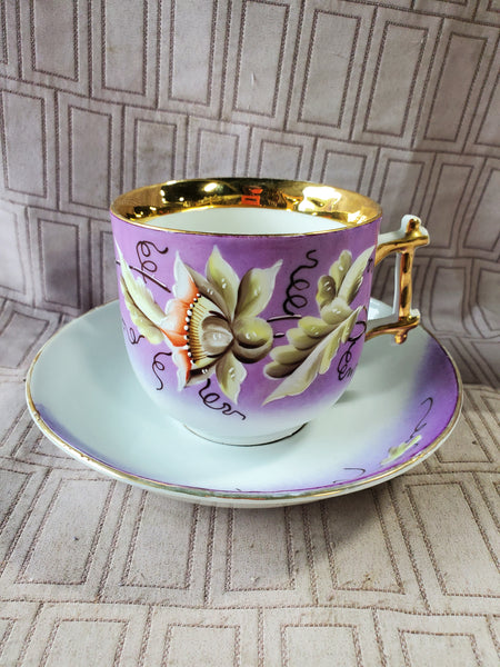 Purple Floral Teacup and Saucer Set