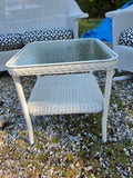 A-Lloyd Loom White Wicker Glider Loveseat, Chair and Table Set w/Sunbrella Cushions