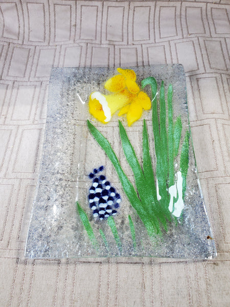 Fused Art Glass Floral Trinket Tray
