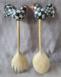 Pair of Rustic Checkered Rooster Wooden Salad Servers