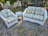 B-Lloyd Loom White Wicker Glider Loveseat, Swivel Chair and Table Set w/Sunbrella Cushions