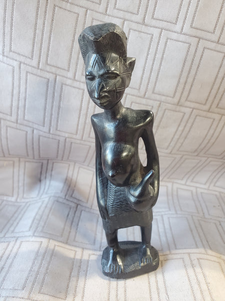 (B) Hand Carved Ebony Wood African Folk Art Statue