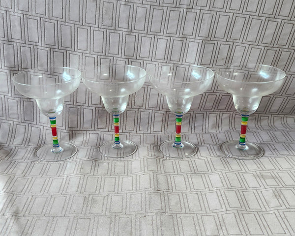 Set of 4 Clear Glass and Multi-Colored Painted Margarita Glasses