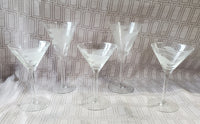Lot of 5 Etched Clear Glass Martini Glasses