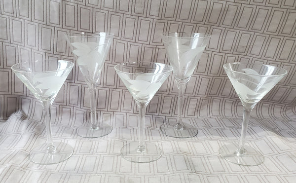Lot of 5 Etched Clear Glass Martini Glasses