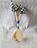 Pair of Rustic Checkered Rooster Wooden Salad Servers