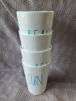 (B) Set of 4 Rae Dunn Melamine by Magenta "Sun" and "Beach" Tumblers