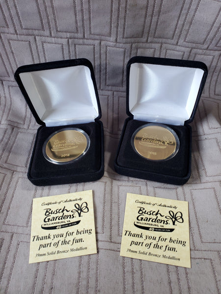 Pair of Bronze Busch Gardens 40 Years of Fun Commemorative Medallions