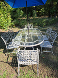 7-Piece Cast Aluminum Patio Dining Set w/Glass Top Table, Umbrella and Stand