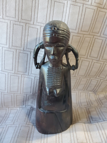 (A) Hand Carved Ebony Wood African Folk Art Statue
