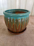 Teal and Brown Small Glazed Pottery Planter w/Fixed Saucer